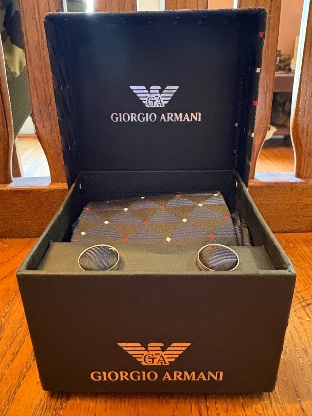 Giorgio Armani Tie Cufflinks Pocket Square Set Silk Mens Gift Box Blue Geometric